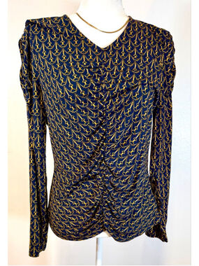 Veronica Beard Navy Gold Horse Bit Long Sleeve blouse touched L